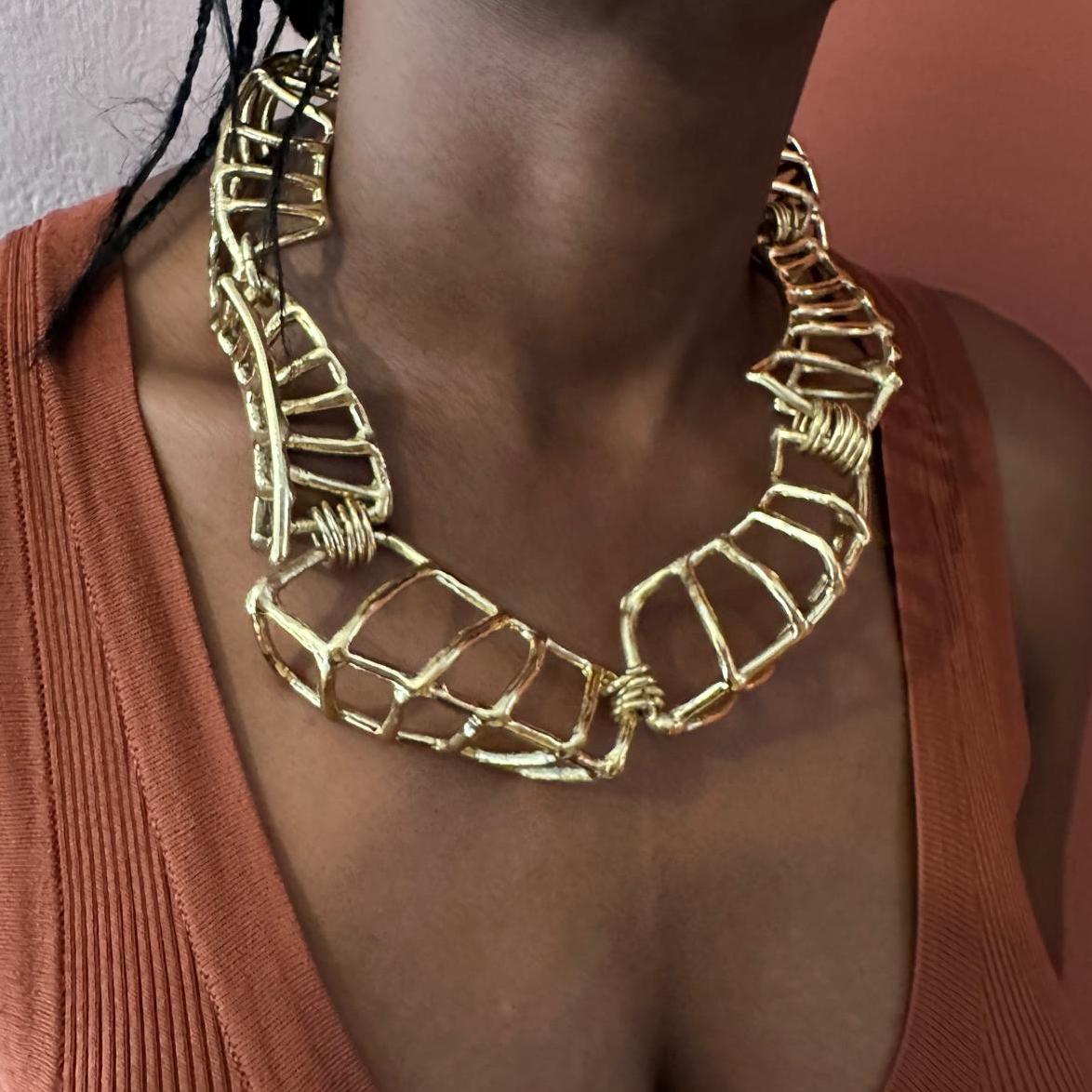 Golden chunky African inspired statement macro filigree necklace by ROKUS 