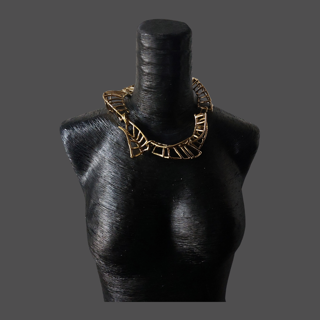 GOLDEN BRONZE CHAINLINK FISHBONE CHUNKY NECKLACE BY ROKUS